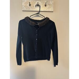 Silx By August Silk Blk Vintage Faux Mink Fur Collar Button Down Cardigan